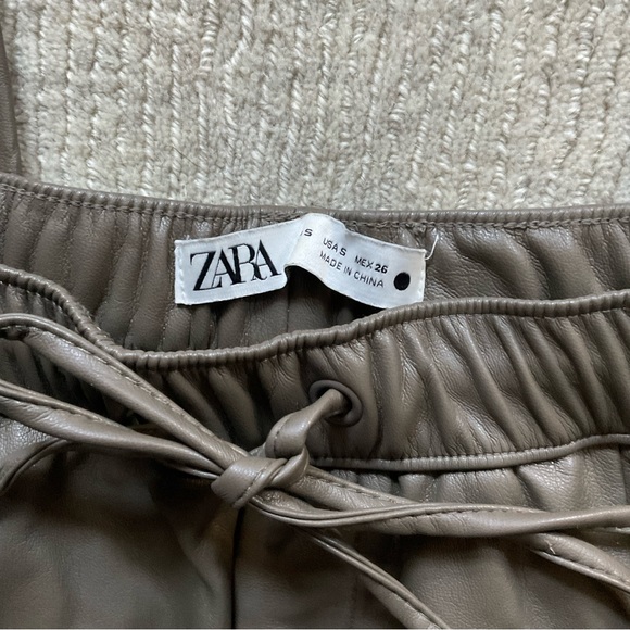 ZARA Olive Green Faux Leather Pants Fleece Lined Drawstring Classy Khaki S Small - Picture 6 of 6